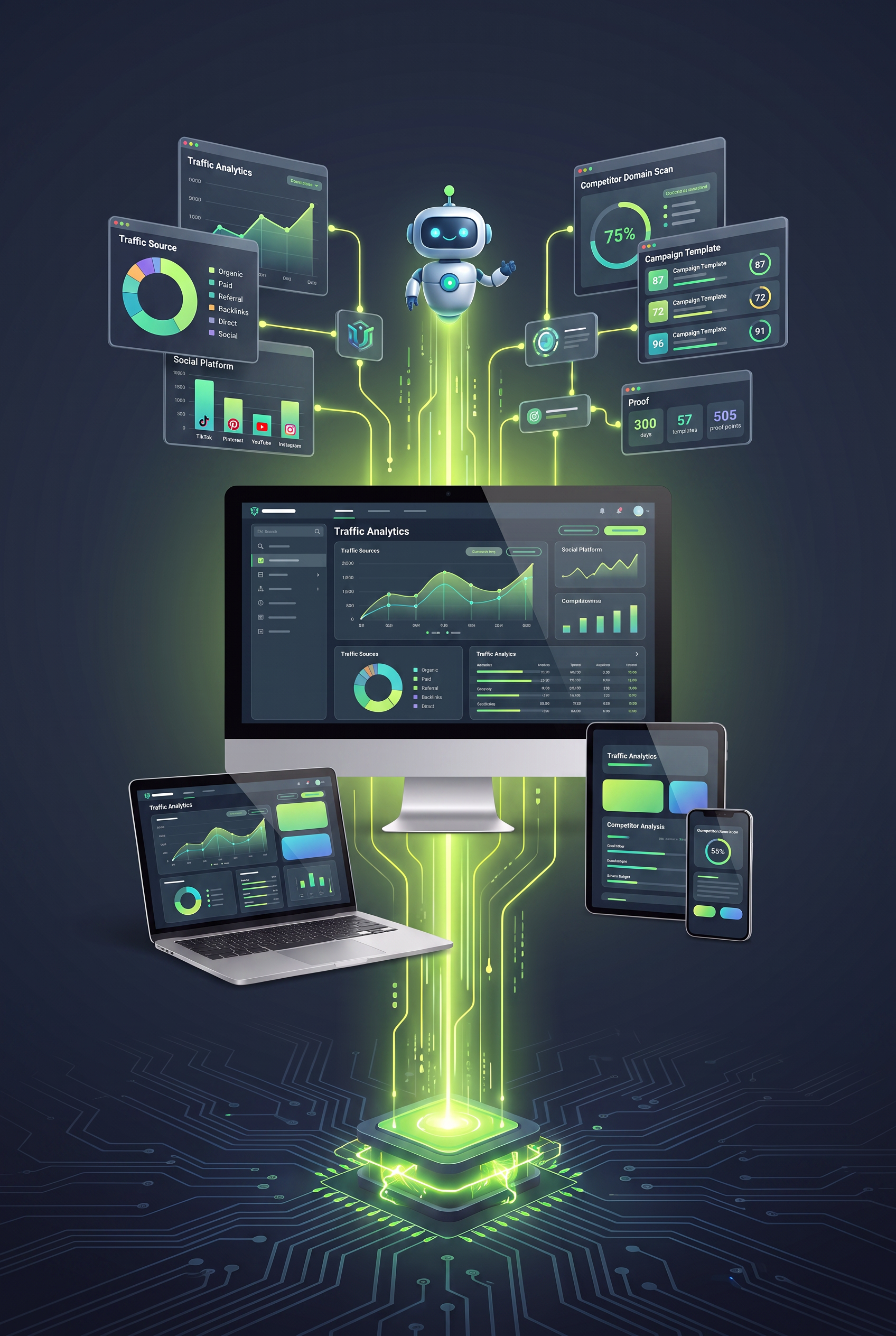 Traffic Xray complete system connecting competitor scans, campaign proof and analytics across desktop and mobile devices