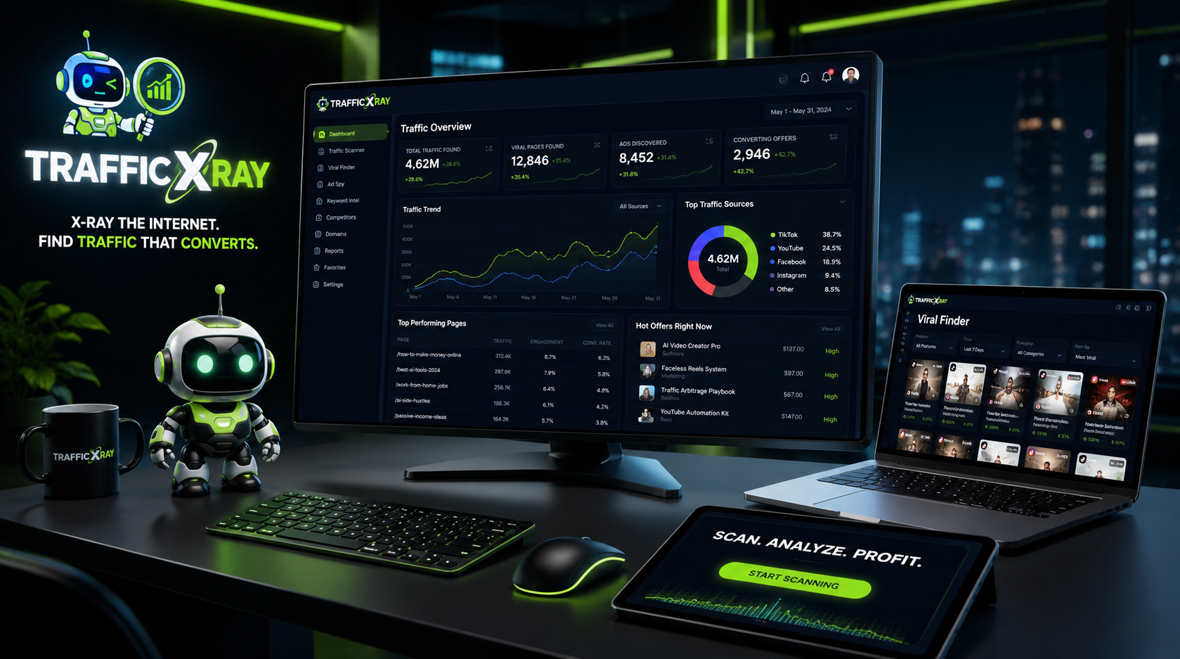 Traffic Xray dashboard showing X-Ray, Clone, Create and AI-Traffic Agent controls across desktop and laptop
