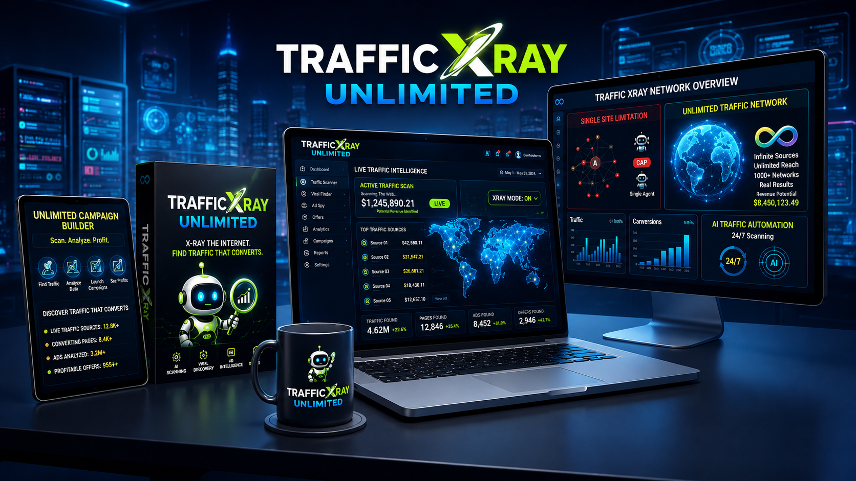 Traffic Xray done-for-you niche library shown across desktop and laptop