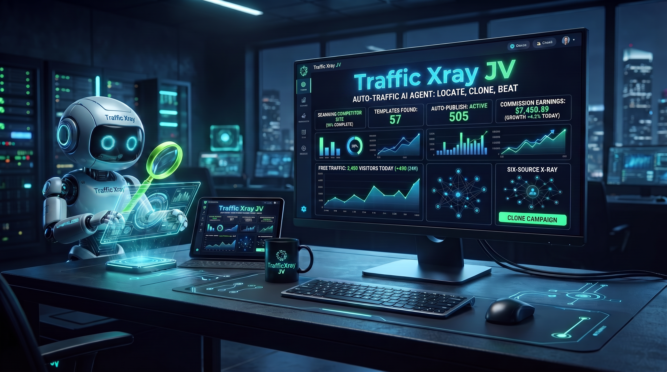 Traffic Xray AI agent locating competitor traffic beside the Traffic Xray JV campaign dashboard and Clone Campaign control