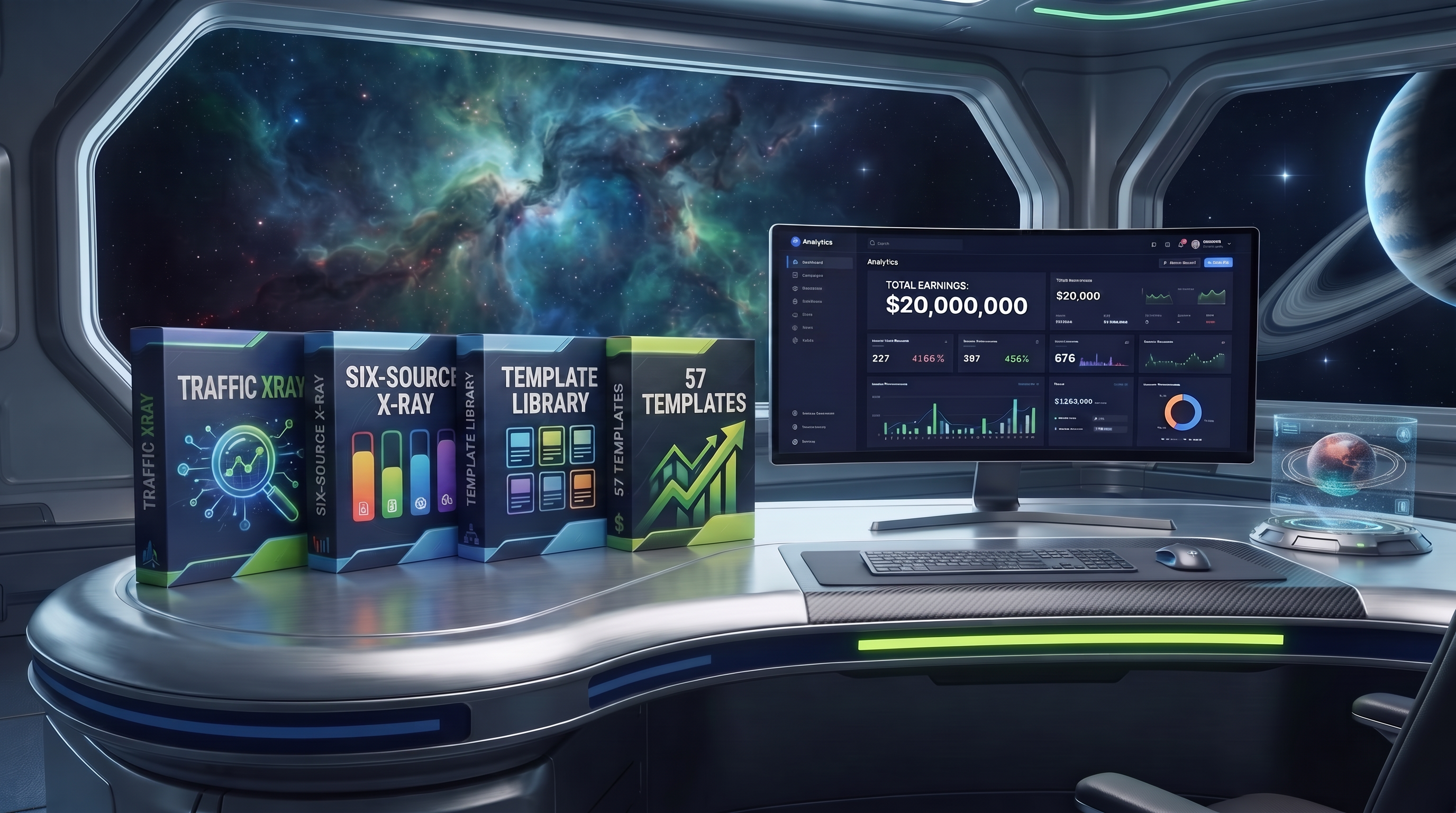 Traffic Xray customer bundle featuring the Traffic Xray platform, Six-Source X-Ray, Template Library and 57 Templates beside the analytics dashboard